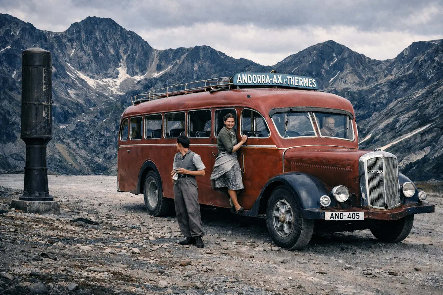 Vintage mid-20th-century bus on a mountain pass between Andorra and France in the Pyrenees during WWII.