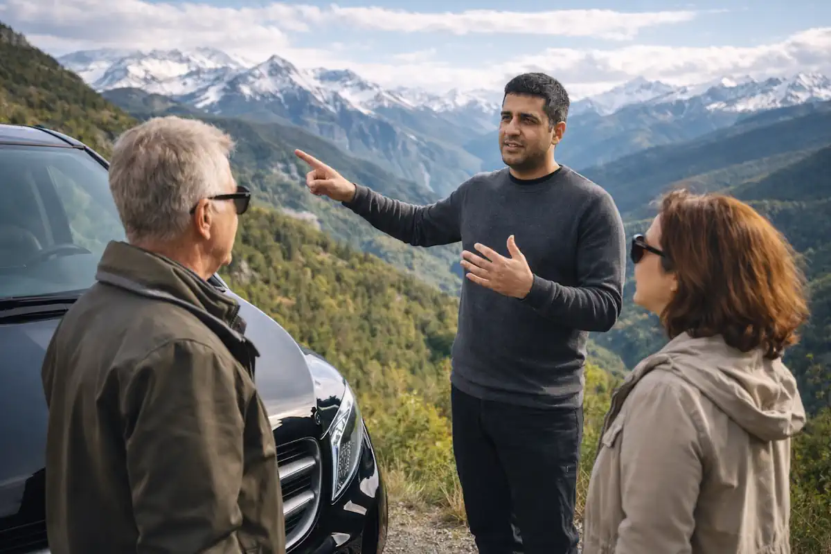 Adrian, a private tour guide from Barcelona, explaining the Andorra landscape to travelers during a scenic mountain stop