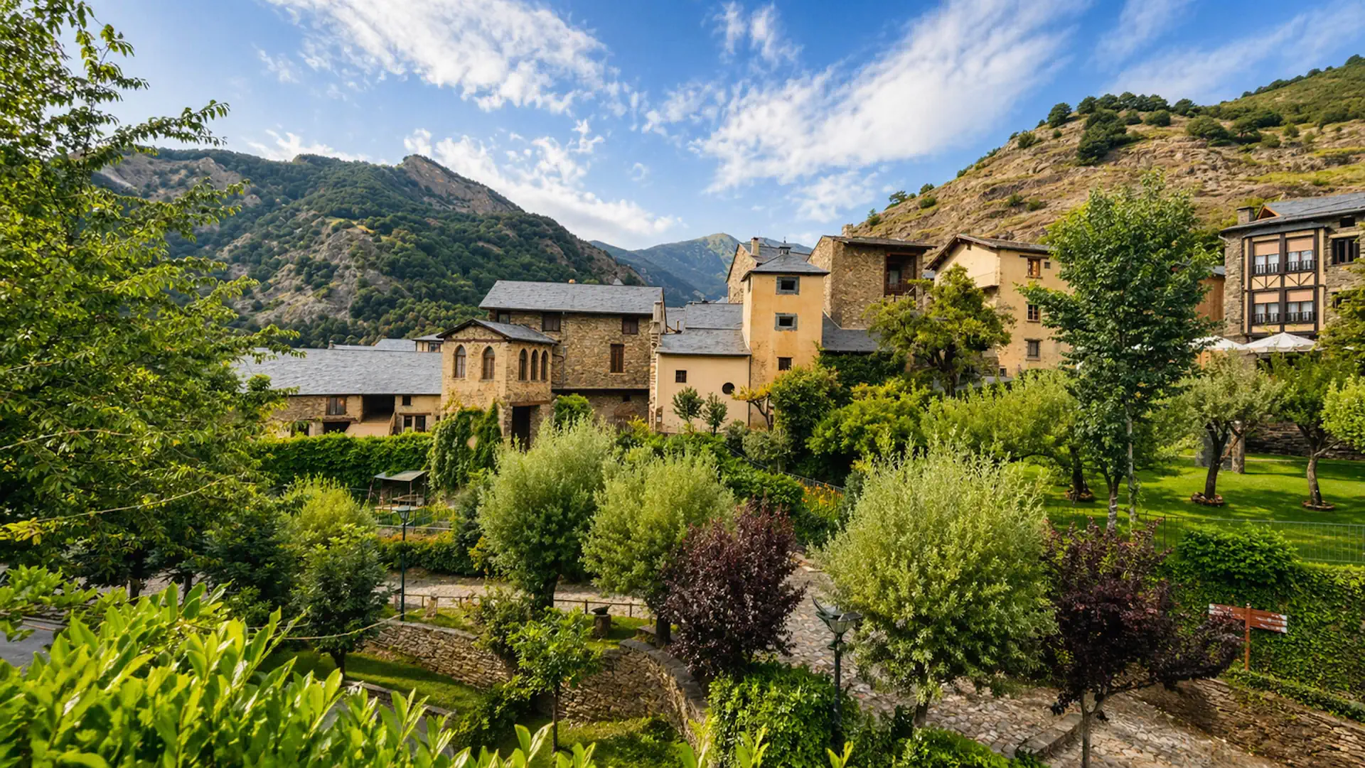 Traditional stone village in Andorra surrounded by mountains in the Pyrenees