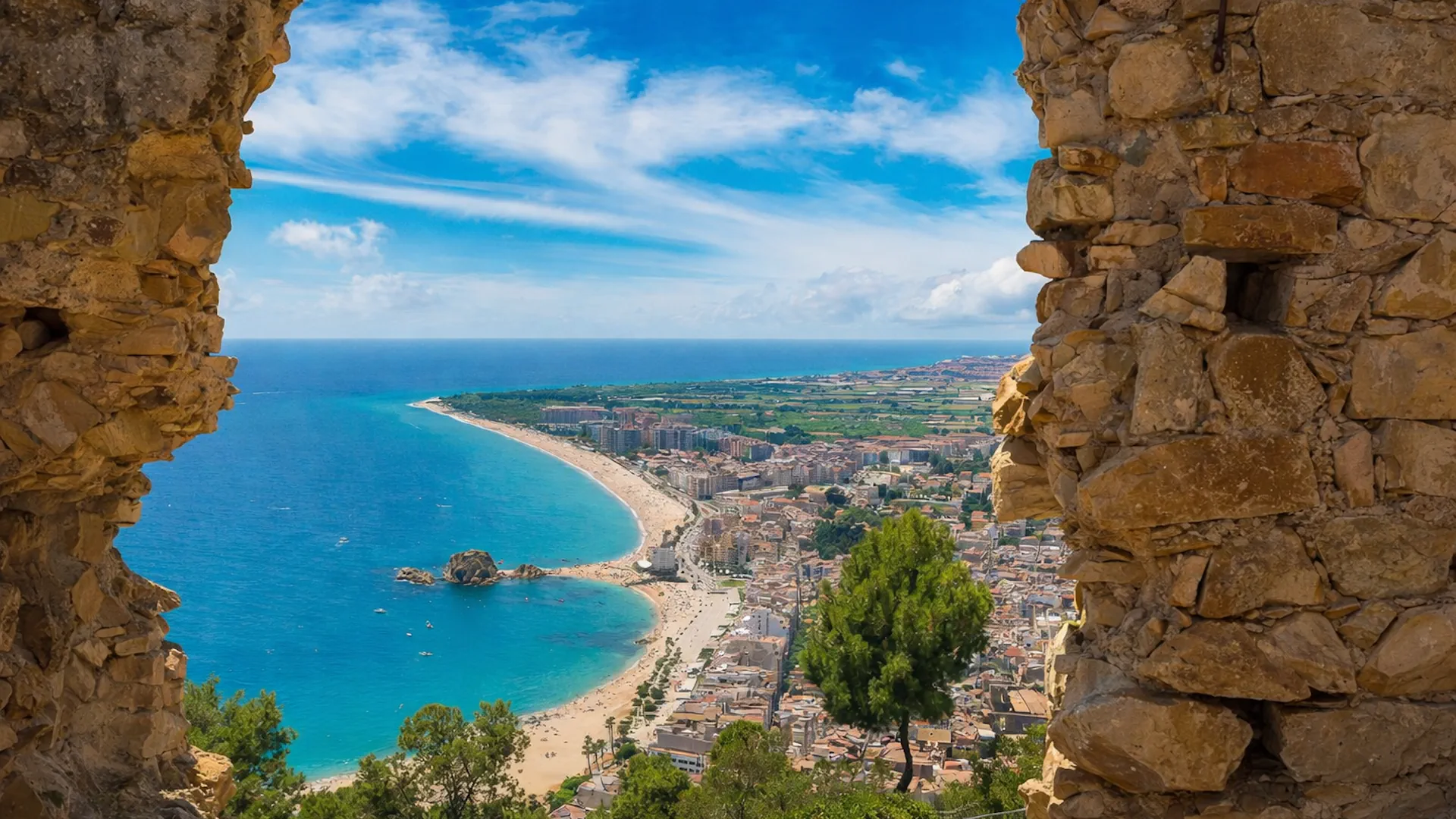 View of Costa Brava coastline seen from historic stone ruins during a private day trip from Barcelona