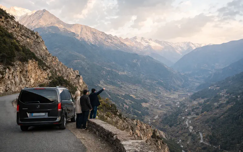 Scenic Pyrenees valley viewed from mountain road during WWII escape route drive from Barcelona