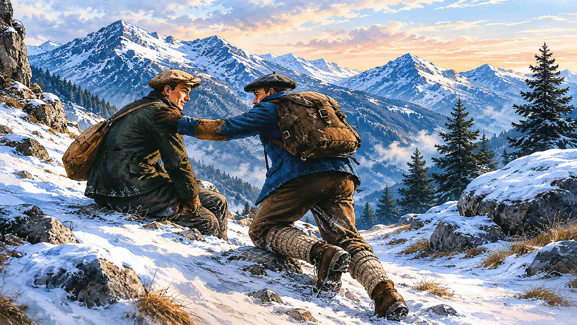 Illustration of refugees crossing the Pyrenees on the Chemin de la Liberté during World War II