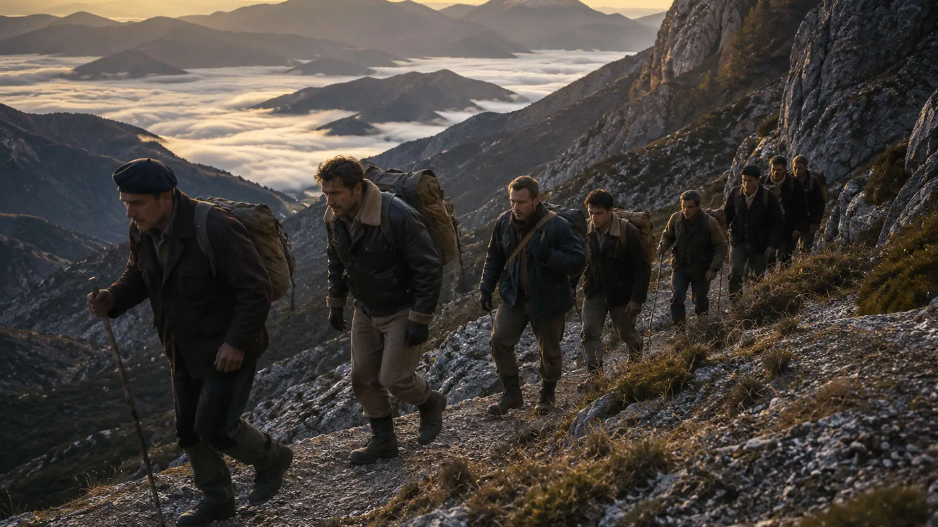 Allied airmen and local resistance guides crossing the Pyrenees during World War II