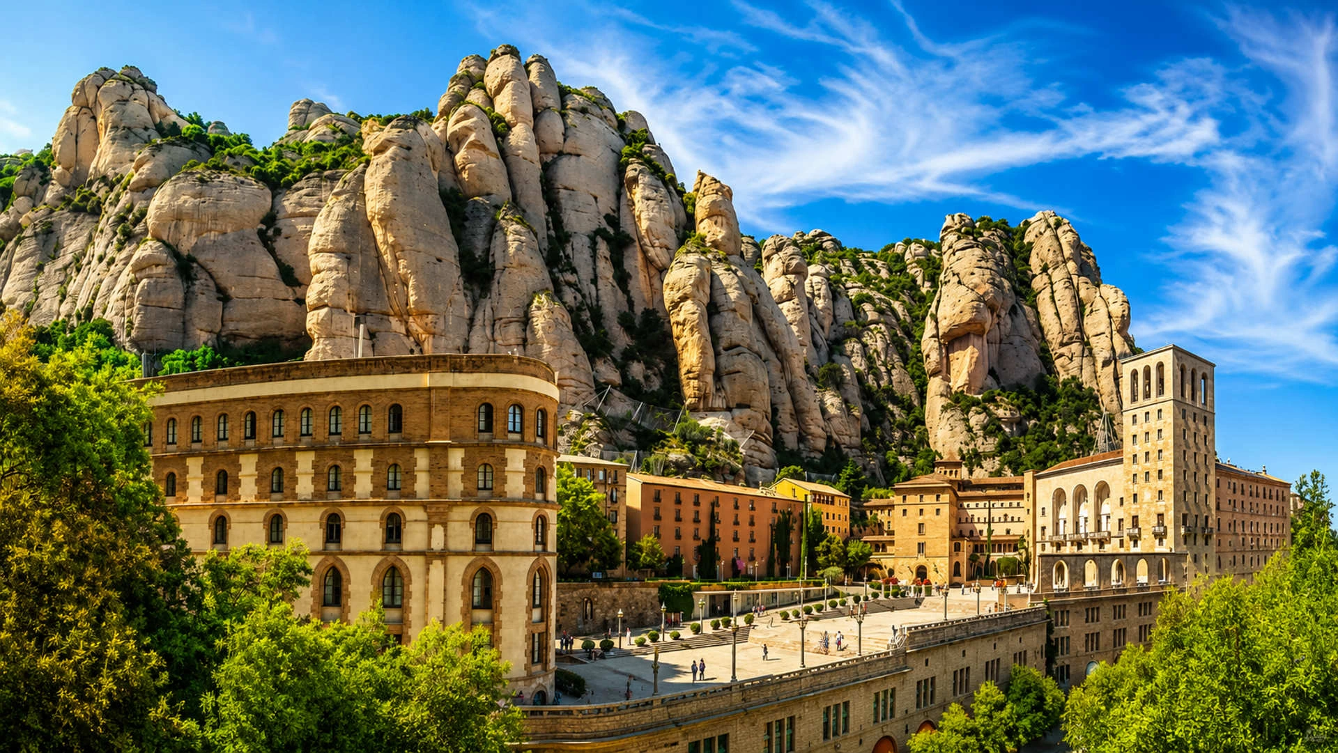 Montserrat monastery and mountain landscape viewed from the main terrace