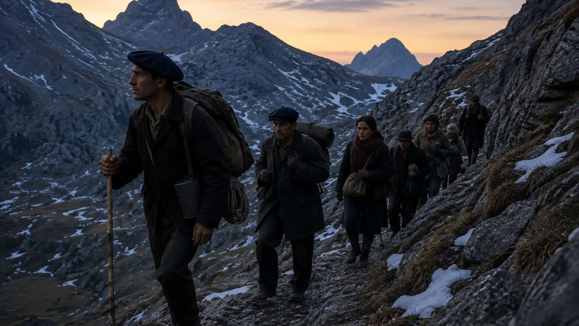 Local mountain guide leading refugees across a Pyrenean mountain trail during World War II