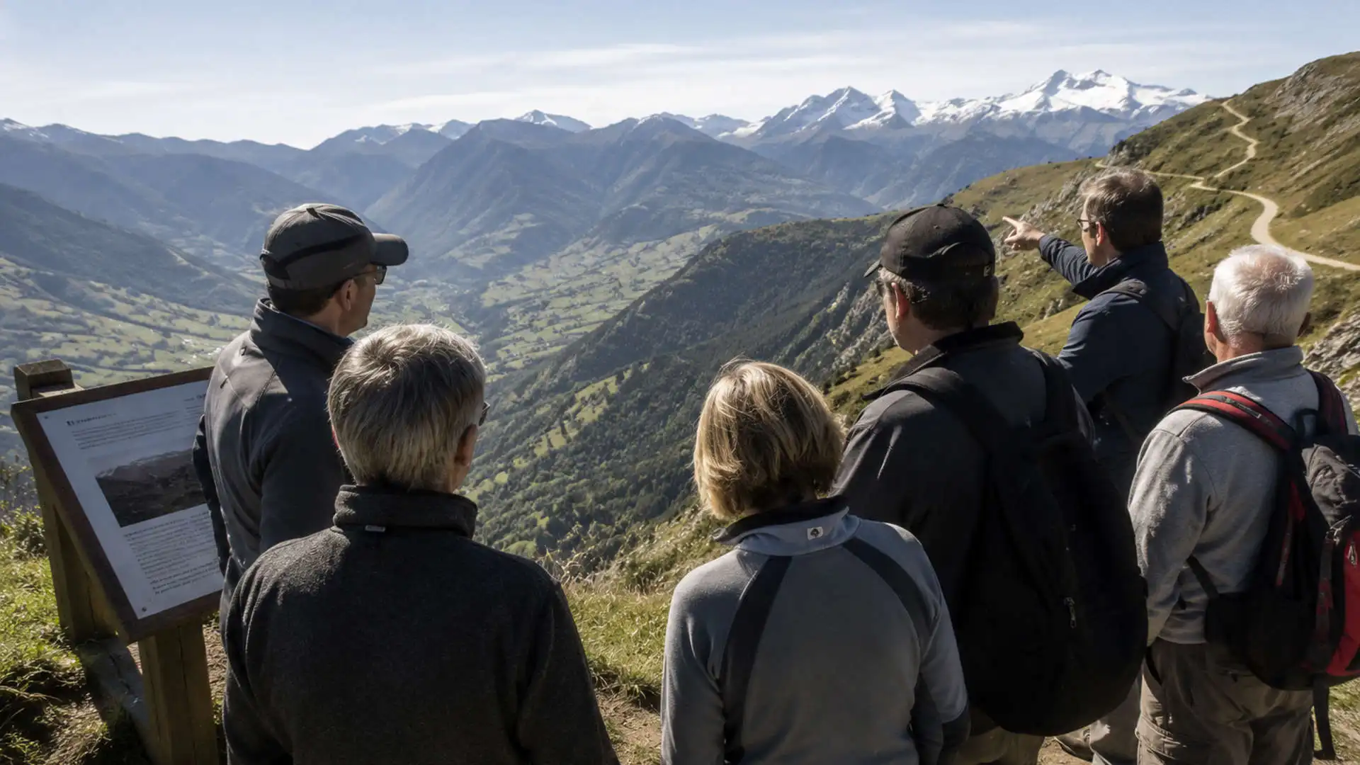 Travelers overlooking a Pyrenean valley connected with WWII escape routes without hiking