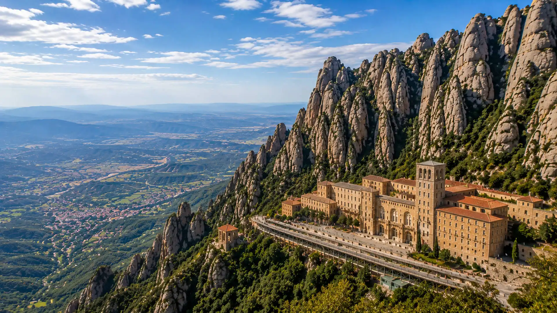 Montserrat monastery and Catalan landscape viewed from the mountain