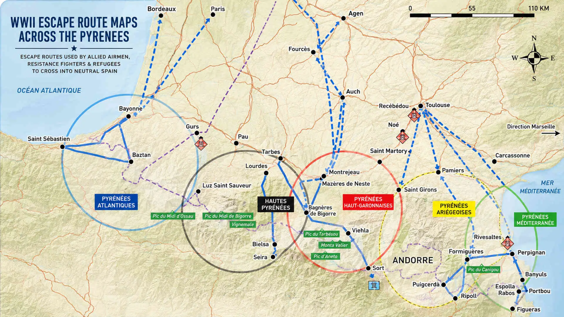 Map of WWII escape routes across the Pyrenees between France, Andorra, and Spain